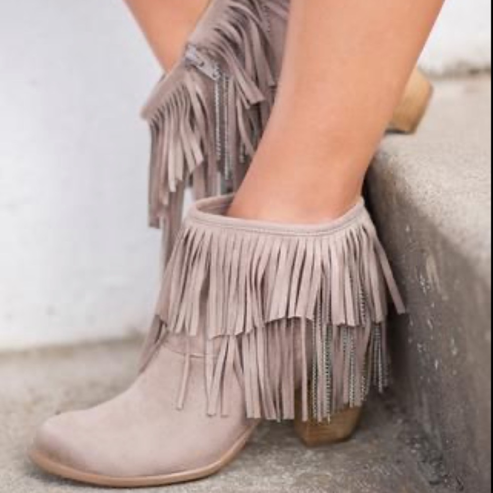 Just My Type Fringe & Chain Booties (Taupe) - 8